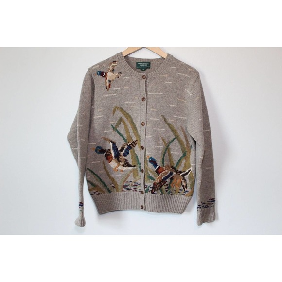 Lauren Ralph Lauren Lambswool Cardigan Hand Knit Mallard Duck Hunting M H13900 - Picture 2 of 11